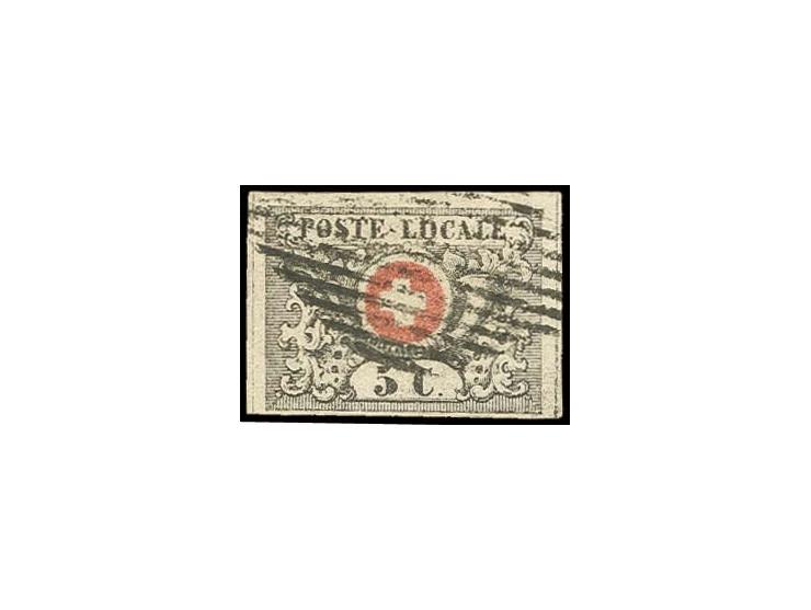 1850, Waadt 5 C. grauschwarz/bräunlichrot, voll- bis breitrandig mit Schnittlinien links und rechts, sauber gestempelt, Prach