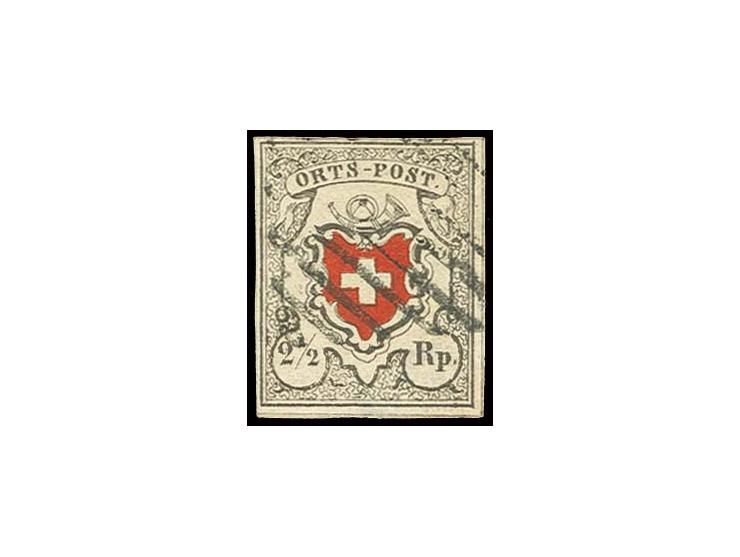 1850, Ortspost mit Kreuzeinfassung: 2½ Rp. grauschwarz/dunkelorangerot, voll- bis breitrandig mit sauberem Strichstempel, Pra