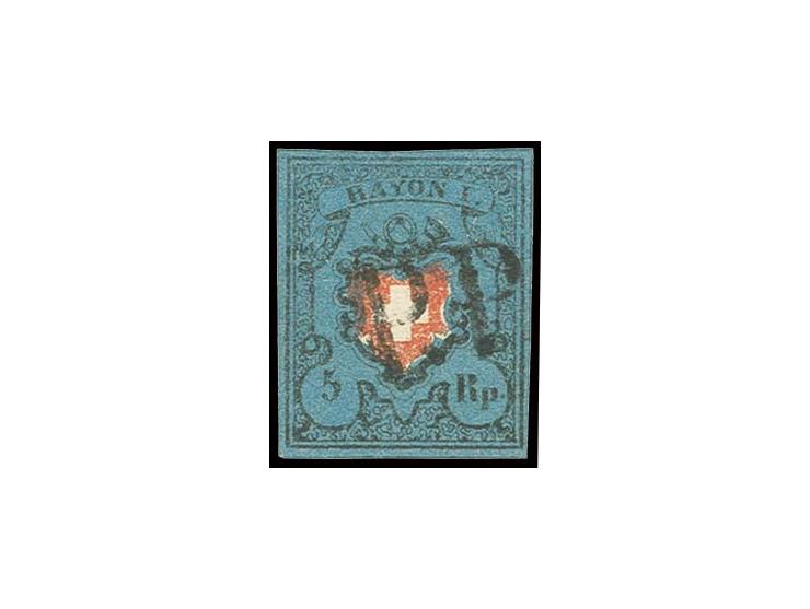 Rayon I 5 Rp. schwarz/zinnoberrot auf blau, farbfrisch und allseits gut gerandet mit sauberem "P.P.", Pracht, sign. Zumstein 