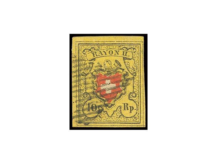 Rayon II 10 Rp. gelb/rot ohne Kreuzeinfassung, allseits enorm breit- bis überrandige linke obere Bogenecke, sauber gestempelt