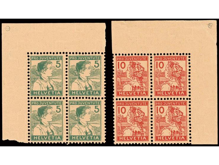 1915, Pro Juventute 5 und 10 C. jeweils im 4er-Block aus der linken bzw. rechten oberen Bogenecke, postfrisch mit Falzspuren 