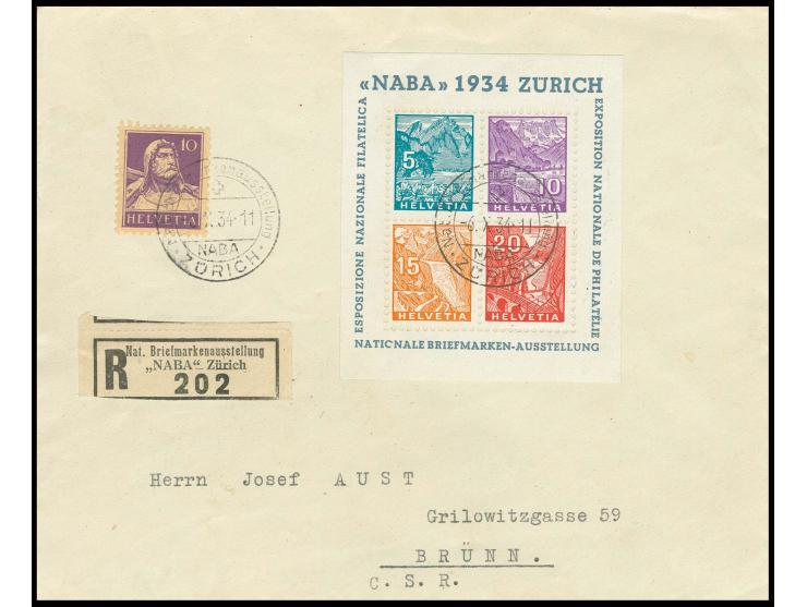 dito, mit Ausstellungs-Sonderstempel und -R-zettel auf portogerechtem R-Brief nach Brünn/Tschechoslowakei mit Ankunftsstempel
