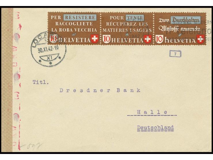 1942, Altstoffverwertung 10 C., waagerechter Zusammendruck-3er-Streifen (ital./franz./deutsch) auf Bankbrief von "LOCARNO 30.