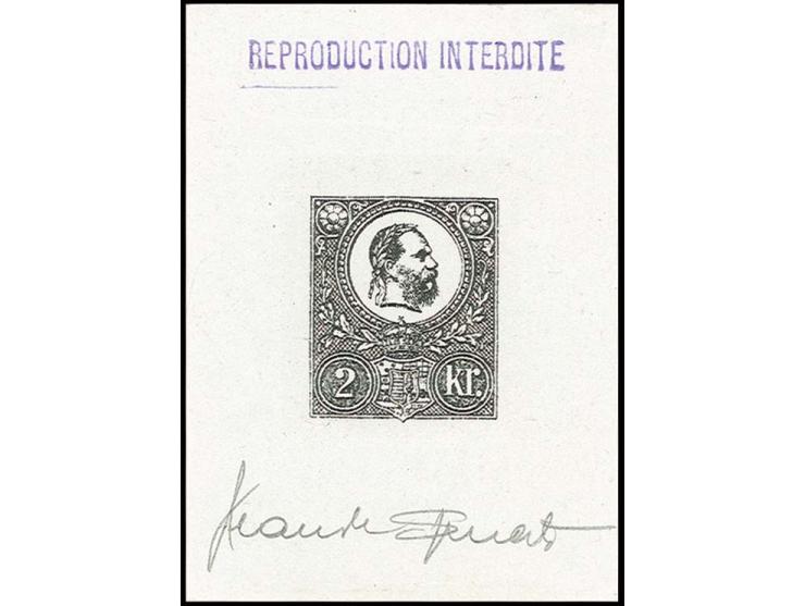 1871, 2 kr., Sperati forgery, proof in black in block format, signed in the margin