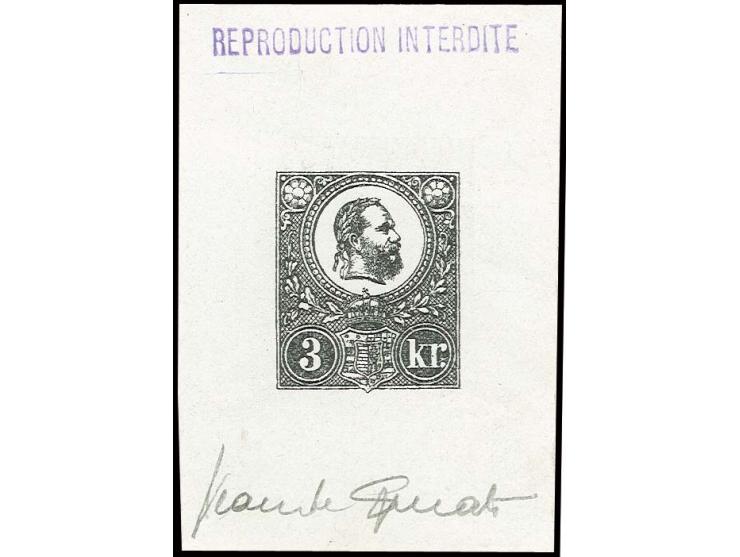 3 kr., Sperati forgery, proof in black in block format, signed in the margin