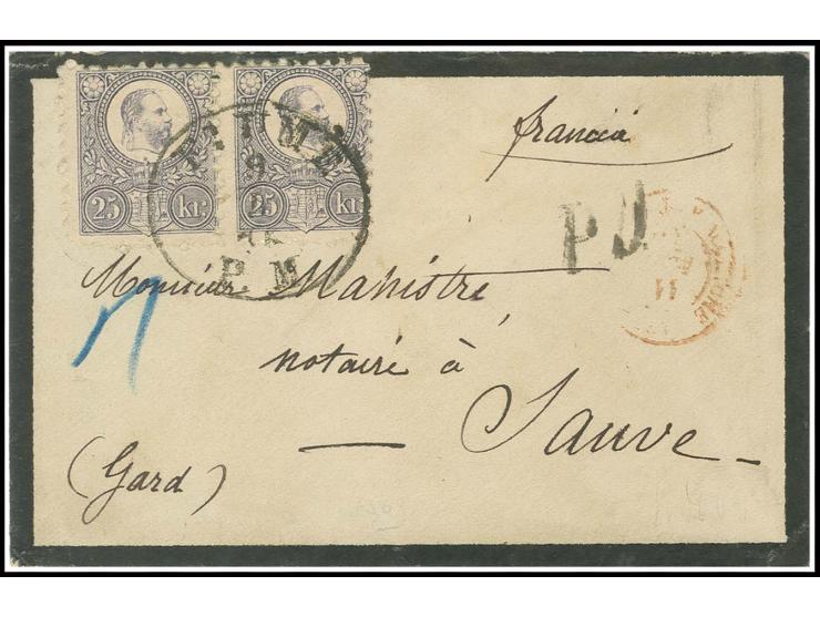 Engraved issue: 25 kr. violet, horizontal pair, tied by cds. "FIUME 9/5 75" to mourning cover to France with arrival mark; a 