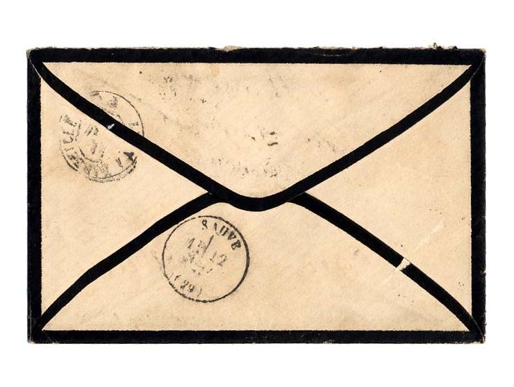 Engraved issue: 25 kr. violet, horizontal pair, tied by cds. "FIUME 9/5 75" to mourning cover to France with arrival mark; a 