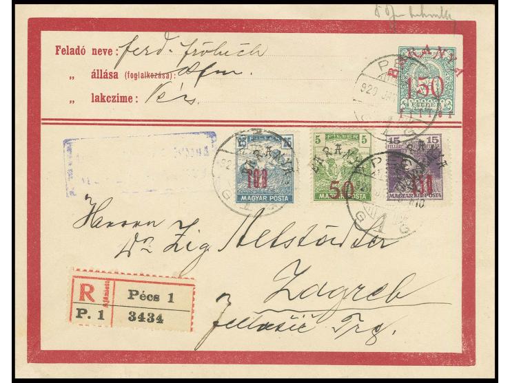postal stationery: 1919, envelope 150 f. on 16 f. dark green with 50 on 5 f. green, 100 on 25 f. blue and 150 f. on 15 violet