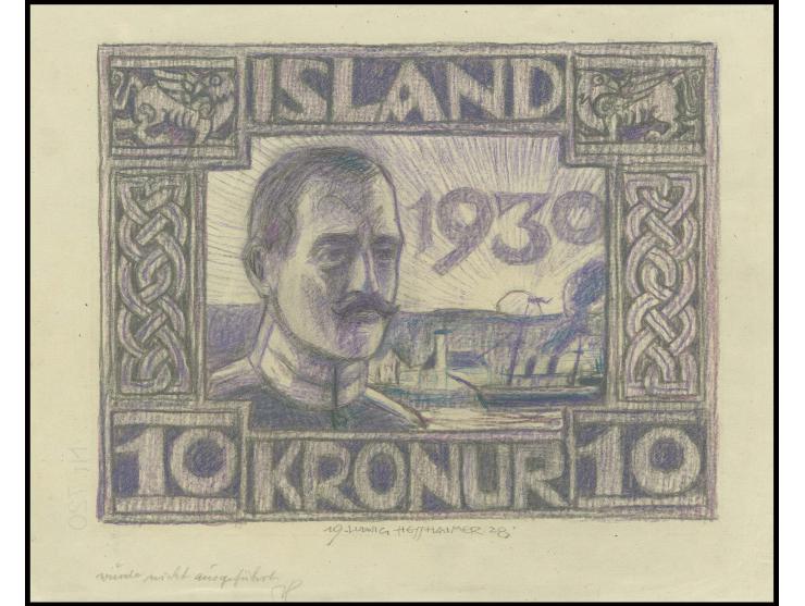 10 kr., hand drawing by Hesshaimer (ca. 26,5:21 cm) in not adopted design, showing the King's head infront of a harbour, sign