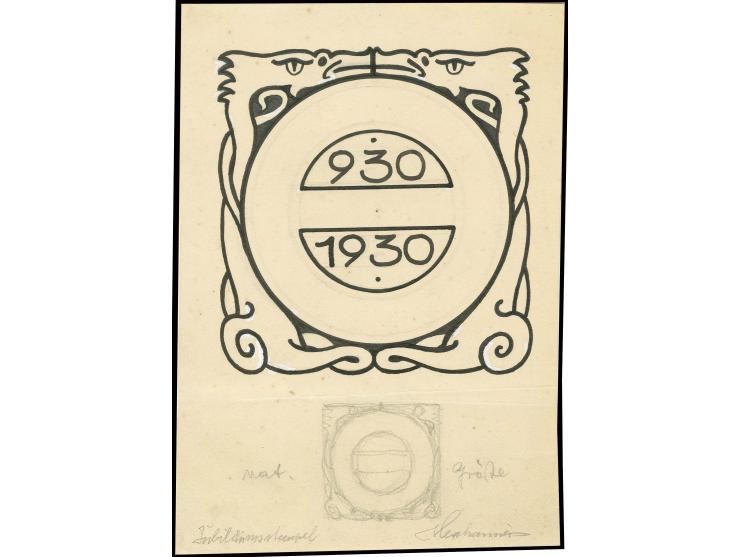 Original hand drawing (ca. 18,5:13 cm) as essay for the special cancellation of the Allthing set in black ink and pencil on c