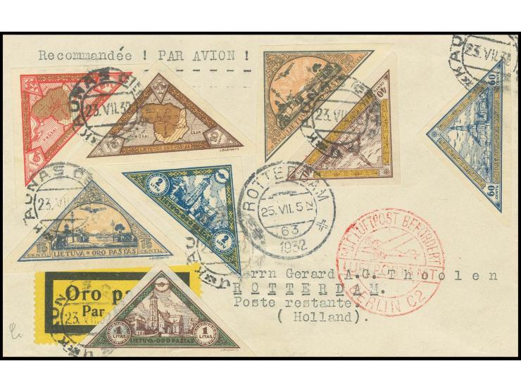 1932, Airmail Lietuvos vaikas 5 c.-2 l. cpl. on flight cover from "KAUNAS 23.7.32" with confirmation cachet of Berlin to Rott
