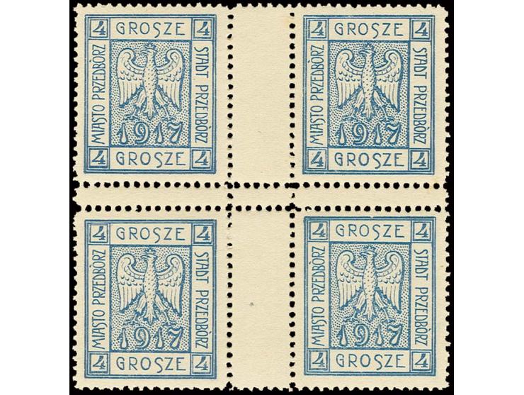 LOCAL ISSUES: PRZEDBORZ: 1917, 4 gr. blue, block of 4 from sheet centre with vertical and horizontal gutter pairs, unhinged m