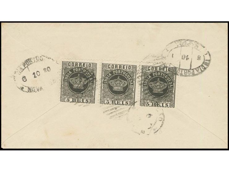 5 r. black, horizontal strip of 3, tied to reverse of small cover from Mapuca 1880 to Benaulim with transit marks of Nova Goa