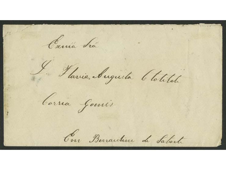 5 r. black, horizontal strip of 3, tied to reverse of small cover from Mapuca 1880 to Benaulim with transit marks of Nova Goa