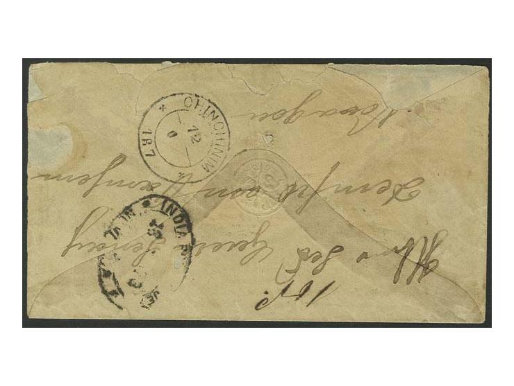 10 r. yellow-orange, tied by barred cancel "J" to small native cover from Chinchinim 1878 to Nova Goa with manuscript "10 r."