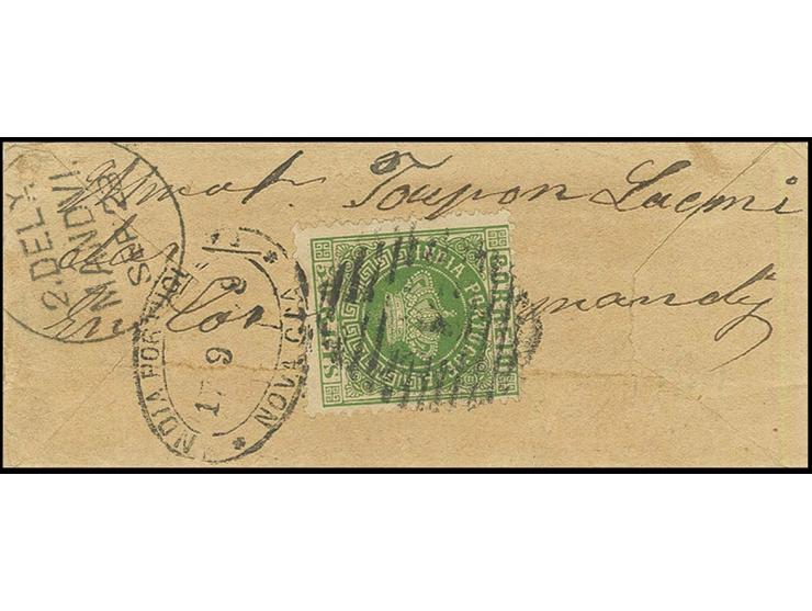50 r. green, tied by barred "1" to tiny native envelope from "NOVA GOA 17/9/78" to Mandvi, British India, very fine