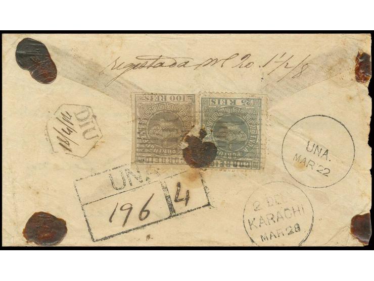 100 r. lilac and new colours 25 r. grey, tied by barred "DIU" and red seal to reverse of registered envelope via Una to Kurac