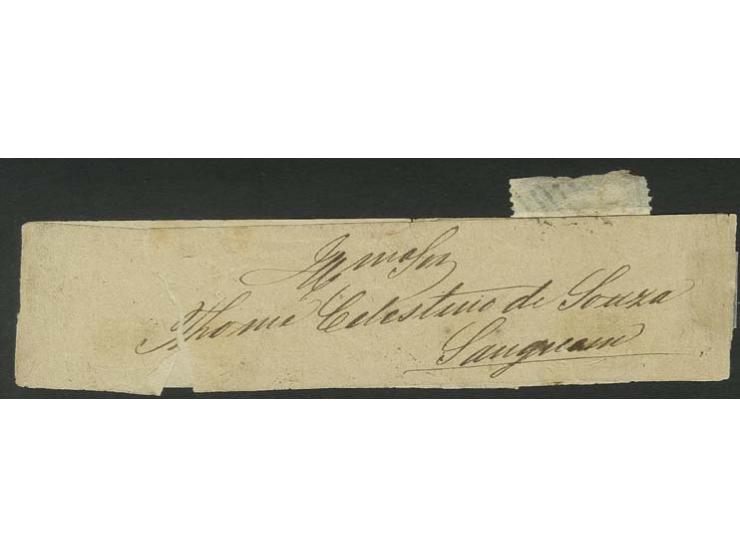 Perforated 13 1/2: 10 r. yellow-orange, tied by barred numeral "1" to small wrapper from Nova Goa via Margao to Sanguem; the 
