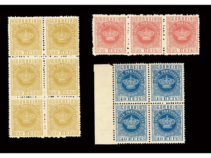 20 r. ocre in vertical block of 6, 25 r. rose in horizontal strip of 3 and 40 r. blue in marginal block of 4, unused, 40 r. w