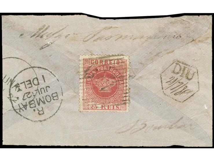 25 r. rose, tied to large part of cover from "DIU 21/7/80" to Bombay, fine and scarce