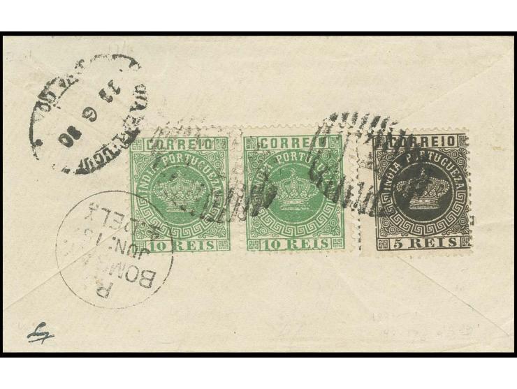 1880,new colours perforated 12 1/2: 10 r. green in horizontal pair together with 1877, 5 r. black, tied by barred "1" to reve