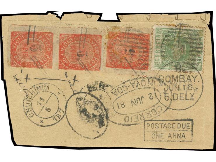 Perforated 13 1/2: 10 r. green in combination with native surcharged 5 on 20 r. red, single stamp and pair, tied by pen strok