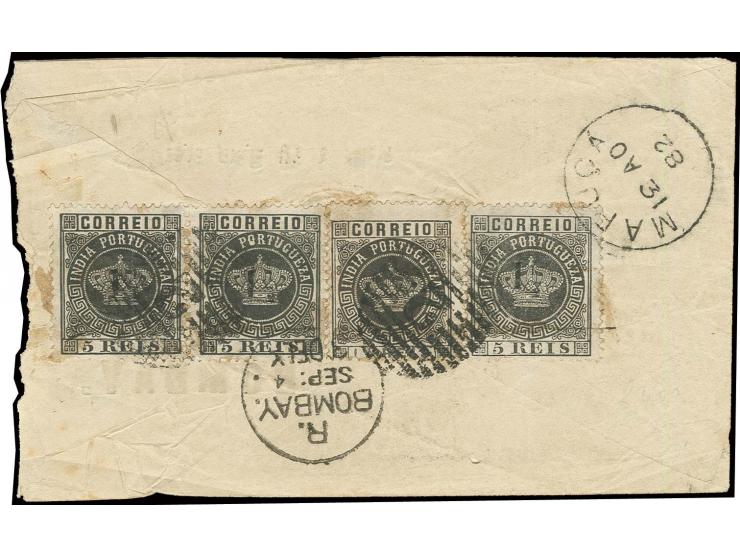 1881, surcharges on crown issues: perforated 12 1/2: 1½ on 5 r. black, horizontal pair and 2 single stamps, tied to reverse o