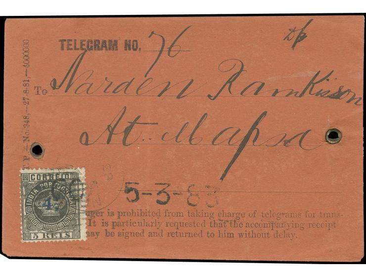 4½ on 5 r. black, tied by Nova Goa date stamp to telegram with date stamp "5-3-83", fine and scarce (AF no. 71)