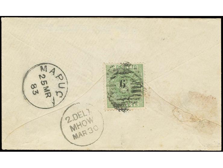 6 on 10 r. yellow-green, tied to reverse of small cover from "MAPUCA 25 MR 83" to Mhow, British India, very fine and scarce, 