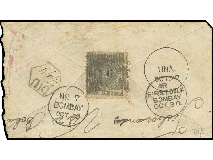 6 on 25 r. grey, tied to reverse of native cover from "DIU 27/10/81" via Una to Bombay, little unfresh but a scarce franking,