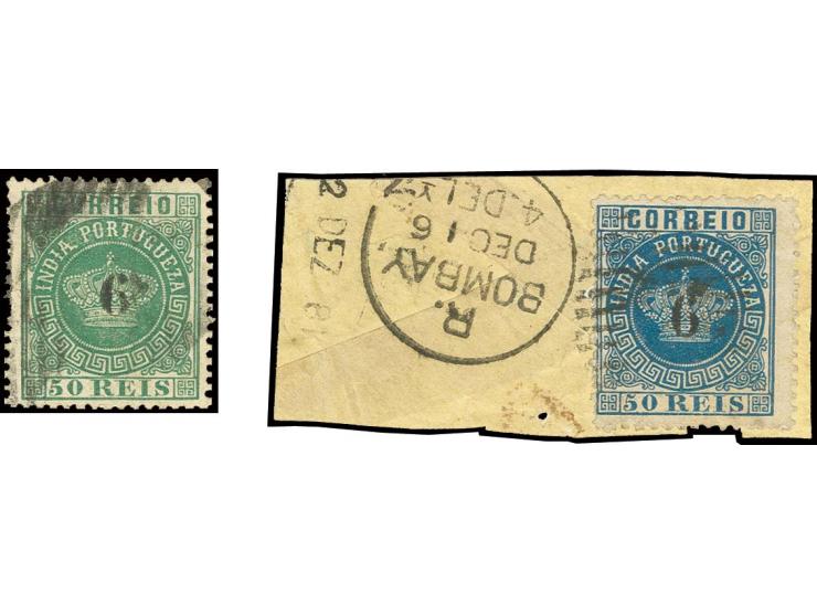6 on 50 r. green and 6 on 50 r. blue, used, the latter one on piece, fine (AF no. 83-84)