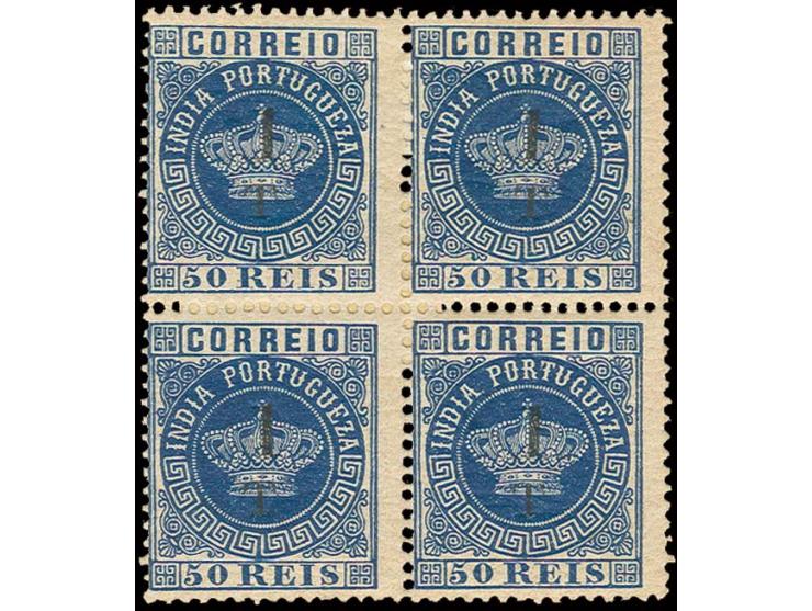 1 T on 50 r. blue, block of 4 with original gum, perforation slightly split at right, otherwise fine (AF no. 91)