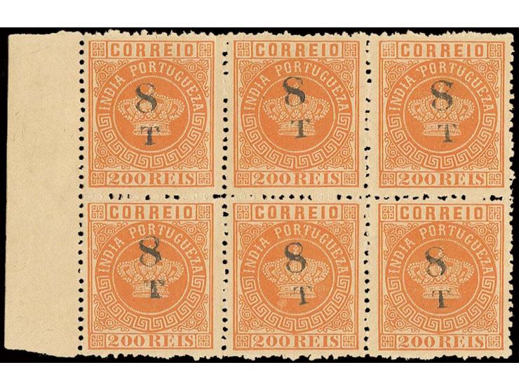 8 T on 200 r. orange, horizontal block of 6 with sheet margin, unused, fine, scarce multiple (AF no. 110)