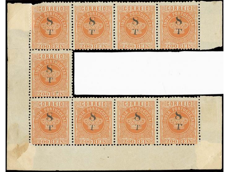 8 T on 200 r. orange, irregular block of 9, unused, the top strip was separated and re-inforced by hinges, the left stamp wit