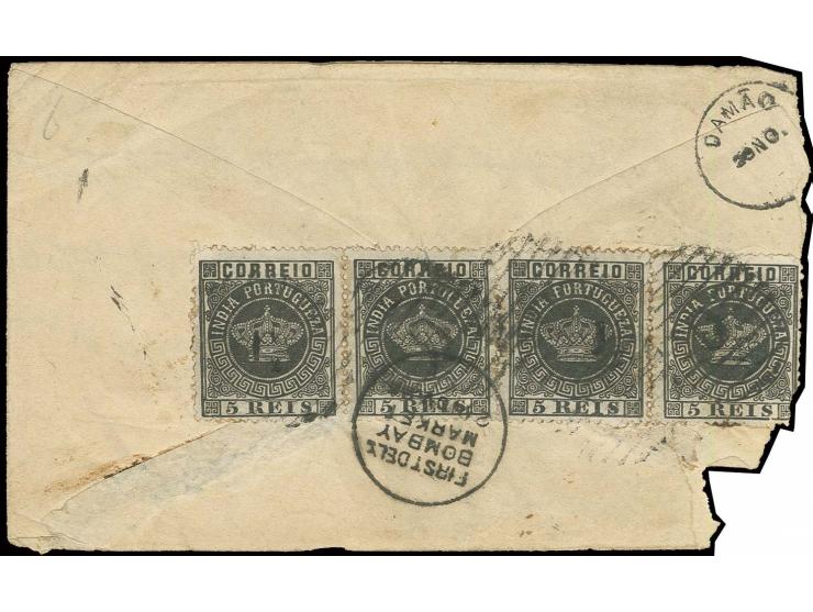 Perforated 13 1/2: 1½ handstamp on 5 r. black, horizontal strip of 4, tied to reverse of cover from Aguada via Damaun to Bomb