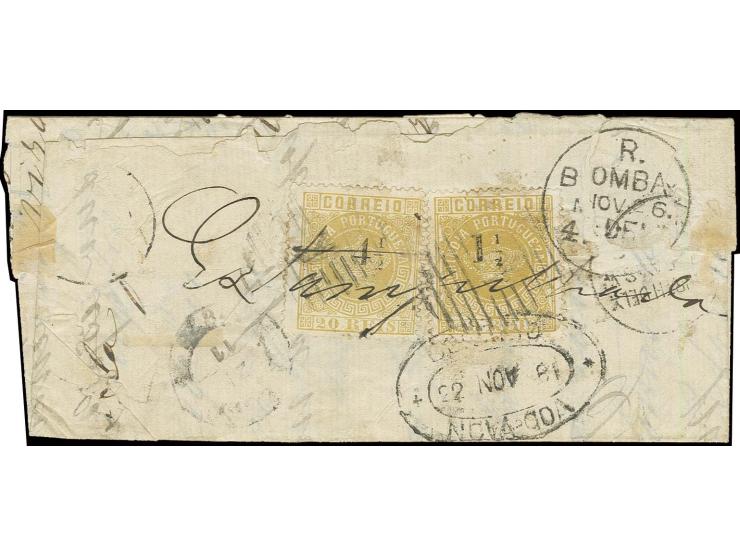 1½ on 20 r. bistre with perf. 12½, 4½ on 20 r. bistre, tied by barred "K" to folded letter from Quepen 1881 via Nova Goa to B