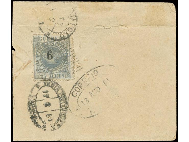 6 on 25 r. grey, tied to not quite cpl. envelope from "MAPUCA 17/8/81" to Nova Goa; crease and small faults in the envelope n