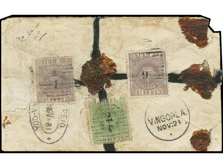 6 on 25 r. lilac with 1 T on 25 r. lilac and perf. 12½  2T on 50 r. green, tied to reverse of sealed registered cover from "N