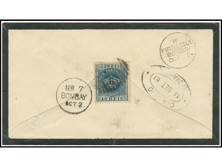 6 on 40 r. blue, tied to reverse of mourning cover from "NOVA-GOA 28 SEP 81" to Bombay; a very rare franking in very fine con