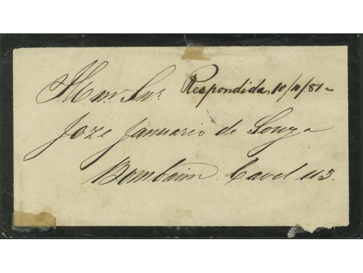 6 on 40 r. blue, tied to reverse of mourning cover from "NOVA-GOA 28 SEP 81" to Bombay; a very rare franking in very fine con