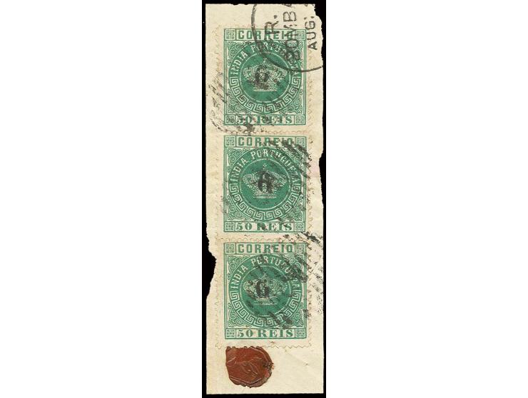 6 on 50 r. green, vertical strip of 3, tied to small piece; bottom stamp with pin hole, otherwise fine (AF no. 83)