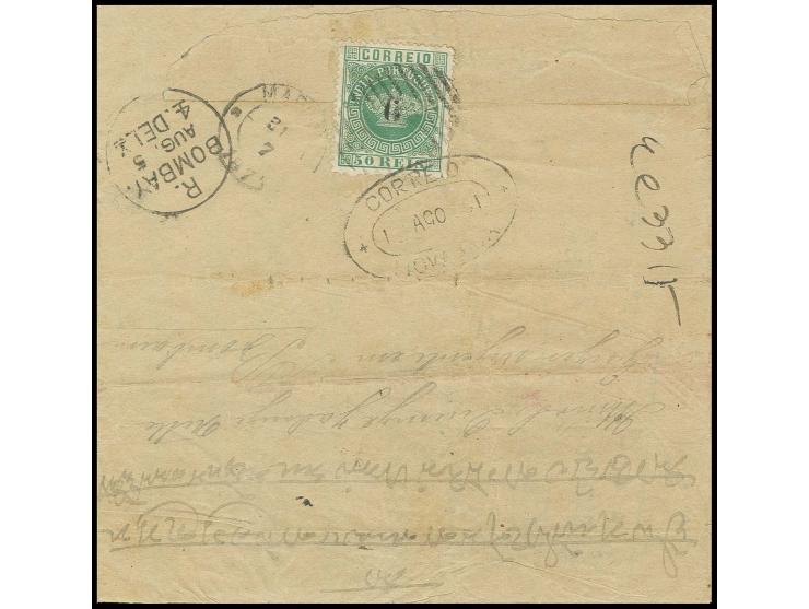 6 on 50 r. green, tied to reverse of folded letter from "MAPUCA 31/7" (1881) to Bombay with transit mark of Nova-Goa, fine an
