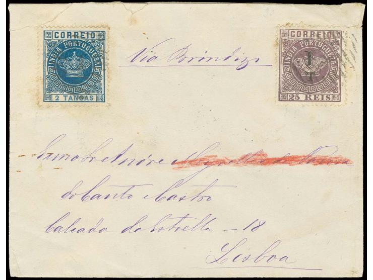 1 T on 25 r. violet with 1882, 2 t. blue with barred "1" on cover from Nova-Goa 1883 to Lisbon with arrival mark, slightly un