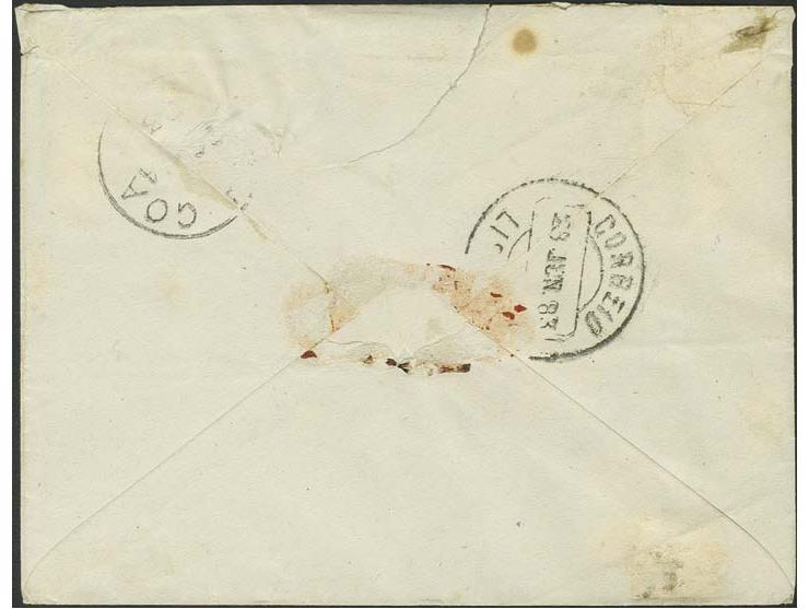1 T on 25 r. violet with 1882, 2 t. blue with barred "1" on cover from Nova-Goa 1883 to Lisbon with arrival mark, slightly un