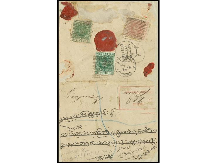 2 T on 50 r. green with 1882, 6 r. green and 1 t. rose, tied by barred "DIU" to opened out registered envelope with register 
