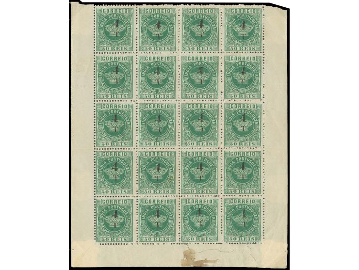 4 T on 50 r. green, block of 20 with double surcharge on pos. 15 and several plate flaws, unused, folded once and somewhat da