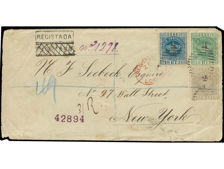 8 T on 40 r. blue with 4 T on 50 r. green and 2 T on 100 r. lilac, tied to registered envelope from "NOVA-GOA 5 NOV 81" via L