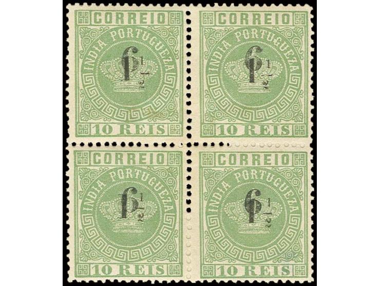 6 on 1½ on 10 r. green, block of 4, unused, fine; a rare multiple (AF no. 113)