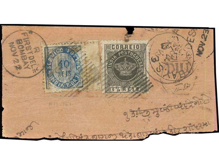 Perf. 12½: 1½ r. black in combination with native issue 4½ on 40 r. blue (type II), marginal copy, tied by barred "DIU" to la