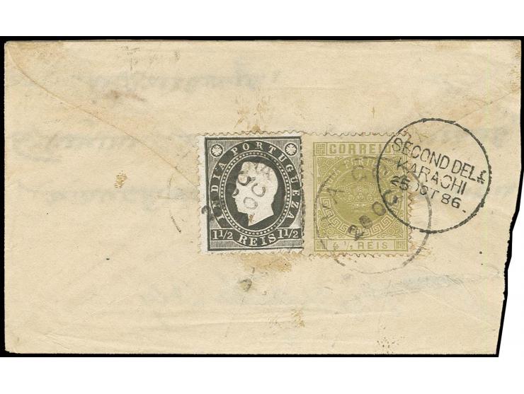 4½ r. olive in combination with 1886, Louis 1½ r. black, tied by cds. "NOVA GOA 20 OC" (1886) to reverse of small cover to Ku